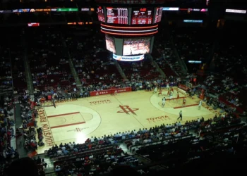Houston Rockets basketball court at Toyota Center during NBA game